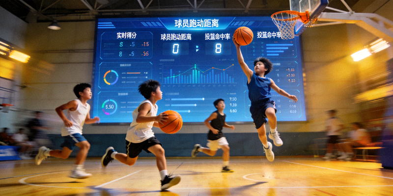 经典案例：青少年篮球联赛数字化服务 - 青少年球员在球场上比赛，背景有数字数据屏